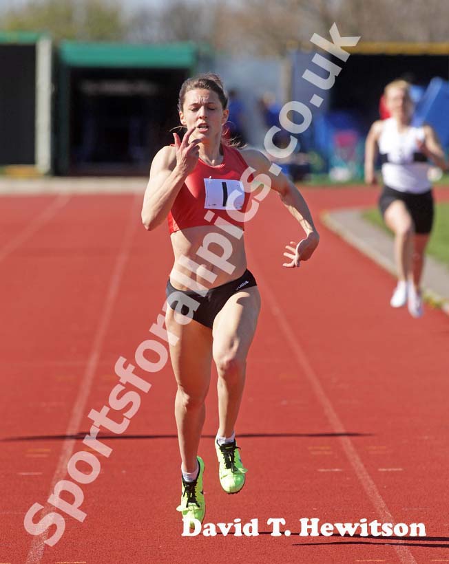 Samantha Coleby (Durham City) wins the 200 metres at the North of England, Div. 4E, Whitley Bay.